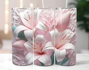 3D White Pink Lilies Flowers 20 oz Skinny Tumbler Sublimation Design, Straight And Tapered Tumbler Wrap, Instant Digital Download PNG
