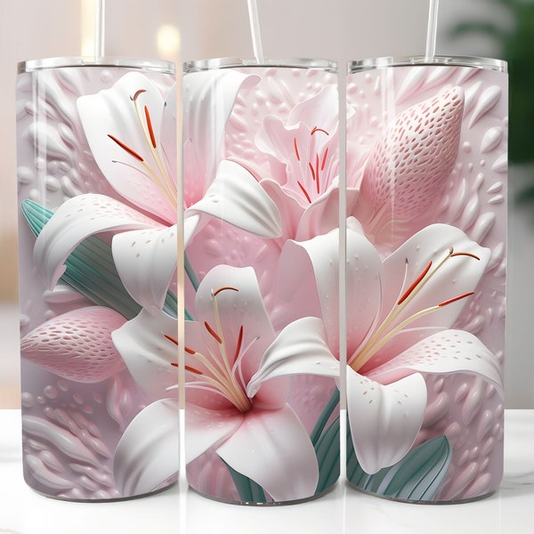 3D White Pink Lilies Flowers 20 oz Skinny Tumbler Sublimation Design, Straight And Tapered Tumbler Wrap, Instant Digital Download PNG