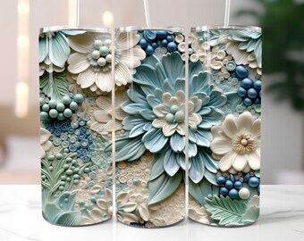 3D White Blue Floral 20 oz Skinny Tumbler Sublimation Design, Straight And Tapered Tumbler Wrap, Instant Digital Download PNG