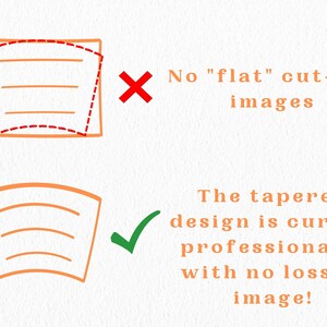 May include: Two illustrations showing the difference between a flat cut-out image and a tapered design. The top image shows a flat cut-out with a red X and the text "No "flat" cut-out images". The bottom image shows a tapered design with a green checkmark and the text "The tapered design is curved professionally with no loss of image!"
