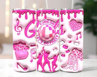3D Disco Pink Inflated Tumbler Wrap PNG - 3D Puff Let's Go Party 20oz Tumbler Sublimation - Skinny Tumbler Wrap - Instant Digital Download
