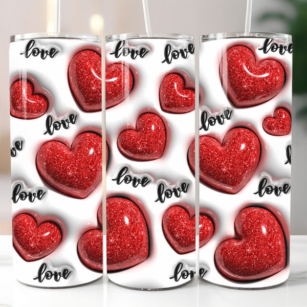 3D Red Glitter Love Hearts Inflated Tumbler Wrap PNG - 3D Puffy Valentine's Day Hearts Digital Design - Saint's Day 20oz Tumbler Sublimation