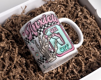 3D 不安解消 膨らませたマグカップ ラップ昇華デザイン 11オンス & 15オンス、ふわふわスケルトン ハロウィンマグ PNG、マグカップ昇華デザイン