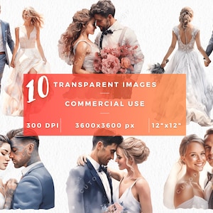 Pacote de clipart aquarela de noiva e noivo, aquarela de clipart de casamento, clipart de casamento noivo e noiva PNG, download digital, uso comercial