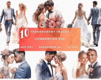 Bride and Groom Watercolor Clipart Bundle, Wedding Clipart Watercolor, Wedding Clipart Groom and Bride PNG, Digital Download, Commercial Use