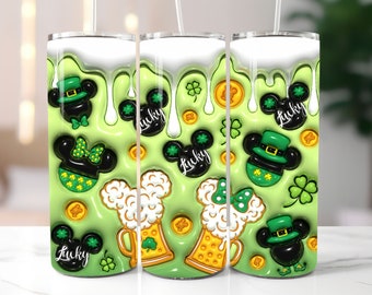 Gobelet gonflé enveloppant la Saint-Patrick en 3D PNG, Souris de dessin animé porte-bonheur gonflée 3D 20 oz Gobelet maigre en sublimation, téléchargement immédiat