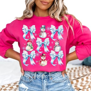 Snowman Coquette Sublimation, Christmas Blue Bows PNG, Snowflakes Holiday Design Sweatshirts, Winter Vibes T-Shirts Transparent Background