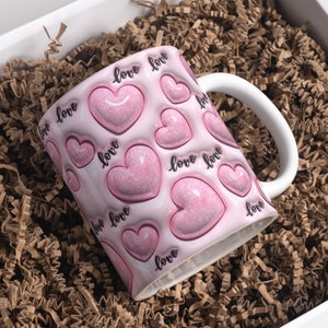 3D Pink Glitter Love Hearts Inflated Mug Wrap Sublimation Design 11oz & 15oz, Puffy Valentine&#39;s Day Hearts Mug PNG, Mug Sublimation Designs