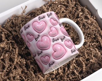 3D Pink Glitter Love Hearts Inflated Mug Wrap Sublimation Design 11oz & 15oz, Puffy Valentine's Day Hearts Mug PNG, Mug Sublimation Designs