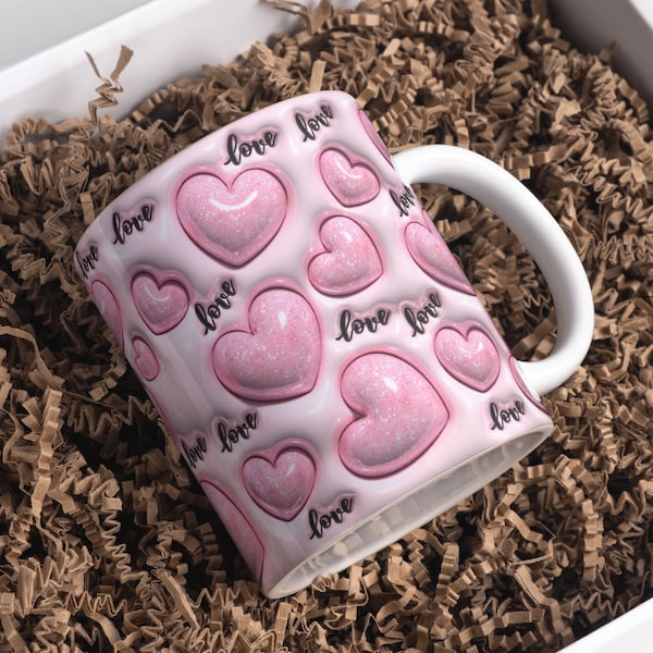 3D Rosa Glitzer Liebesherzen Aufgeblasene Tasse Wrap Sublimation Design 11 Unzen & 15 Unzen, Geschwollene Valentinstag Herzen Becher PNG, Becher Sublimation Designs