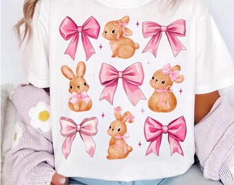 Cute Easter Brown Bunny Pink Bow Sublimation Design | Transparent PNG Digital Download for T-shirts Sweatshirts | Spring Rabbit Pink Ribbon