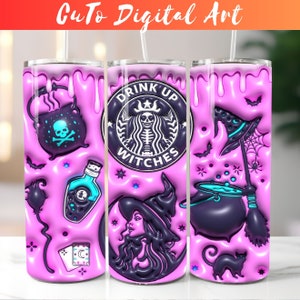 3D Inflated Witch Tumbler Wrap PNG - 3D Puff Pagan Design 20oz Skinny Tumbler Sublimation - Instant Digital Download