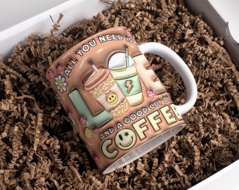 3D Retro Coffee Lovers Inflated Mug Wrap Sublimation Design 11oz & 15oz, Puffy Mug PNG, Mug Sublimation Design, Mug Template For Sublimation