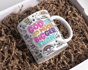 3D Inflated God Is So Much Bigger Than Mug Wrap Sublimation Design 11oz & 15oz, 3D Puffy Retro Christian Mug PNG, Sublimation Mug Template