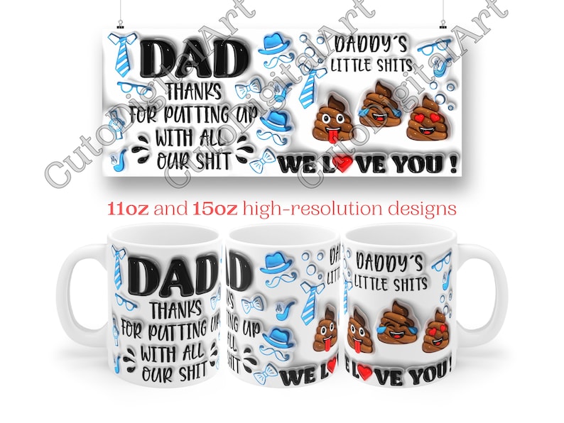 K&ouml;nnte beinhalten: Zwei wei&szlig;e Keramikbecher mit einem lustigen Vatertagsdesign. Die Becher zeigen den Text "Dad Thanks for putting up with all our shit" und "Daddy's Little Shits We Love You!" mit Kack-Emojis und anderen blauen und schwarzen Illustrationen.