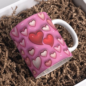 3D Valentine&#39;s Day Hearts Inflated Mug Wrap Sublimation Design 11oz & 15oz, 3D Puff Saint&#39;s Day Hearts Mug PNG, Mug Sublimation Designs