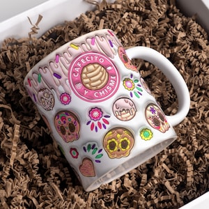 3D Sugar Skull Conchas Inflated Mug Wrap Sublimation Design 11oz & 15oz, Puffy 3D Day of Dead Mug Sublimation, Mug Template For Sublimation