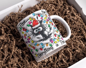 3D It's Fine Everything is Fine Inflated Mug Wrap, Christmas Light Sublimation Design 11oz & 15oz, Puff Funny Cat Mug PNG, Sarcastic Xmas