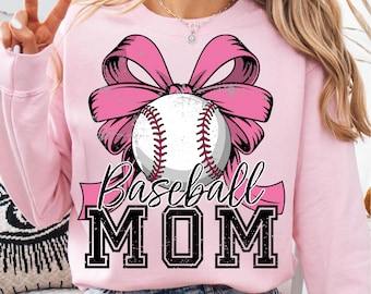 Baseball Mom Pink Bow Distressed Design | Sports Mom T-shirt Sweatshirt Digital Download Transparent PNG | Grunge Style Baseball Mama Design