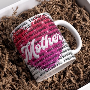 3D Glitter Heart Mother Words Inflated Mug Wrap Sublimation Design 11oz & 15oz, Puffy Mother&#39;s Day Mug PNG, Mug Sublimation Designs