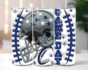 3D Game Day Navy Blue Colors Inflated Tumbler Wrap PNG, 3D Puffy Sublimation Design for American Football Fans, Instant Digital Download
