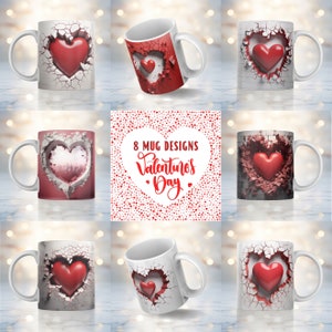 3D Red Heart In A Hole Mug Wrap Bundle, Valentine&#39;s Day Mug Sublimation Design 11oz & 15oz, Hearts Mug PNG, Mug Sublimation Designs