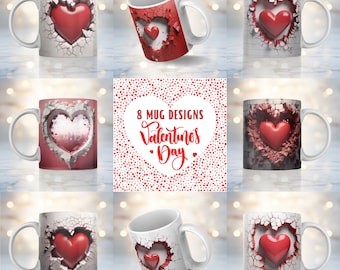 3D Red Heart In A Hole Mug Wrap Bundle, Valentine's Day Mug Sublimation Design 11oz & 15oz, Hearts Mug PNG, Mug Sublimation Designs
