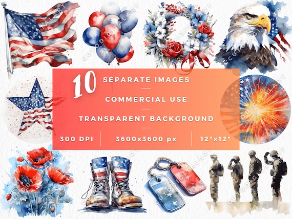 Watercolor Memorial Day Clipart Bundle, Patriotic Clipart, Memorial Day png, Commercial Use, Watercolor Fourth of July Clipart