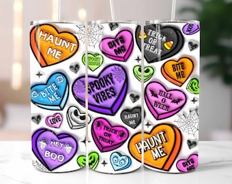 Emballage de gobelet gonflé 3D Halloween bonbons coeurs PNG, Design en sublimation de gobelet gonflé de saison fantasmagorique, téléchargement numérique, emballage de verre 20 oz