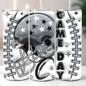 3D Black-White Game Day Inflated Tumbler Wrap PNG, 3D Puffy Sublimation Design for American Football Fans, Instant Digital Download