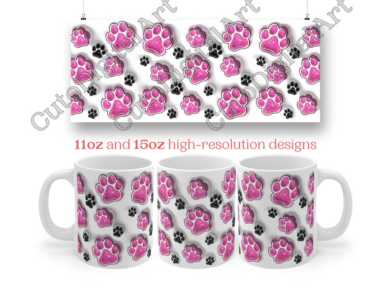 Może przedstawiać: Trzy białe ceramiczne kubki z wzorem r&oacute;żowych ślad&oacute;w łap. Kubki są dostępne w rozmiarach 11oz i 15oz w wysokiej rozdzielczości.