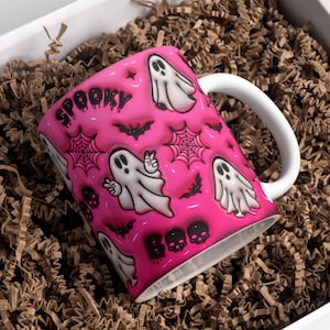3D Pink Halloween Inflated Mug Wrap Sublimation Design 11oz & 15oz, Puffy Spooky Ghost Mug PNG Sublimation Design, Digital Download