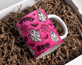 3D roze Halloween opgeblazen mok wrap sublimatie ontwerp 11oz & 15oz, gezwollen Spooky Ghost mok PNG sublimatie ontwerp, digitale download