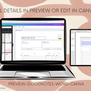 Peut inclure: Une maquette num&eacute;rique d'un mod&egrave;le de facture sur un ordinateur portable et une tablette. Le mod&egrave;le est con&ccedil;u pour &ecirc;tre utilis&eacute; avec Goodnotes, Word et Canva. Le mod&egrave;le pr&eacute;sente un design simple avec un fond blanc et du texte noir. Le texte "INVOICE" est affich&eacute; en haut du mod&egrave;le.