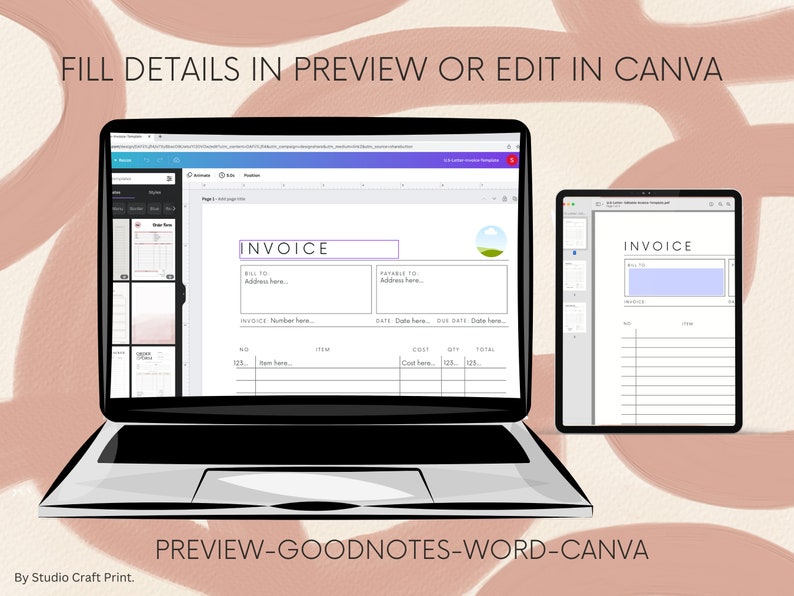 Peut inclure: Une maquette num&eacute;rique d'un mod&egrave;le de facture sur un ordinateur portable et une tablette. Le mod&egrave;le est con&ccedil;u pour &ecirc;tre utilis&eacute; avec Goodnotes, Word et Canva. Le mod&egrave;le pr&eacute;sente un design simple avec un fond blanc et du texte noir. Le texte "INVOICE" est affich&eacute; en haut du mod&egrave;le.