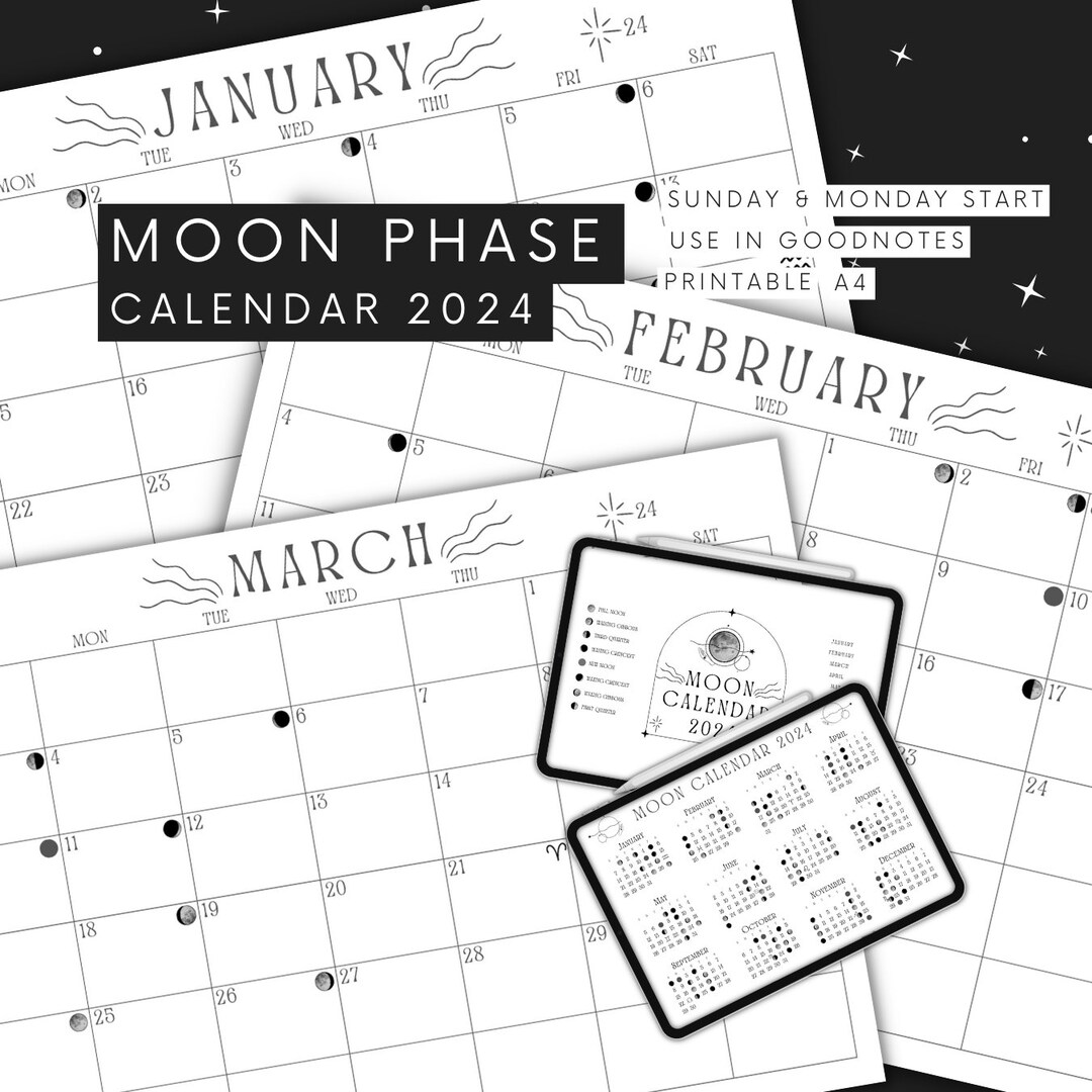 Moon Phases Printable Calendar 2024 Darkness Academia Lunar Mooncycles