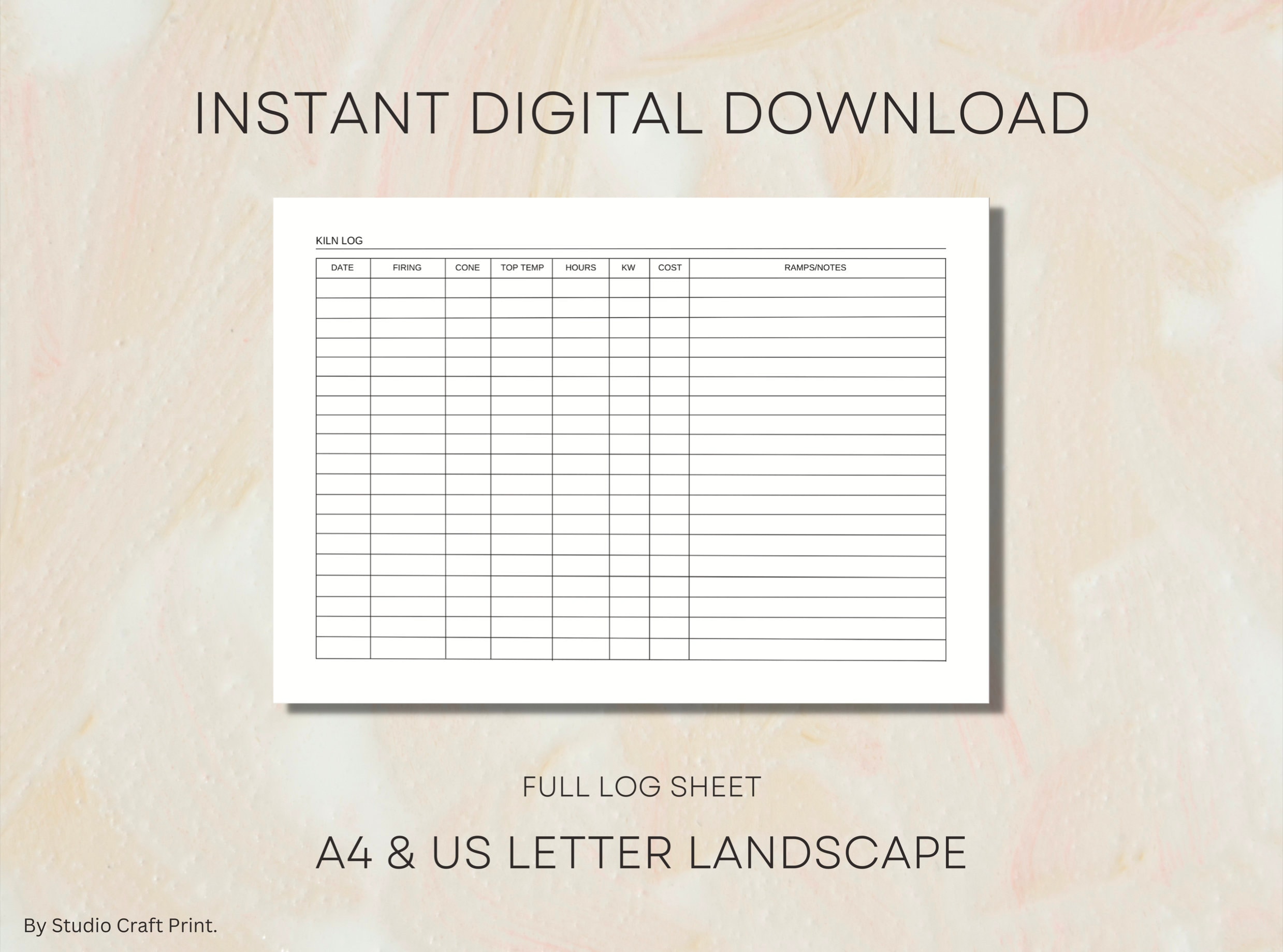 Printable Kiln Log Landscape, Digital Pottery Planner, A4 US Size