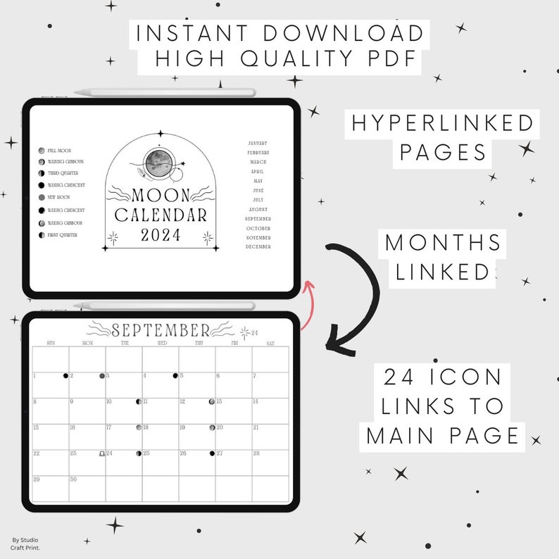 Moon Phases Printable Calendar 2024 Darkness Academia Lunar Mooncycles