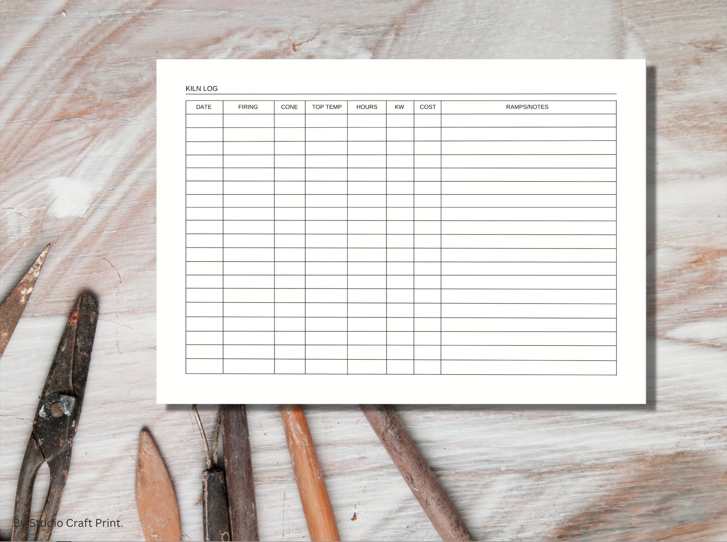Printable Kiln Log Landscape, Digital Pottery Planner, A4 US Size