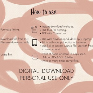 Peut inclure: Un graphique rose et blanc avec des instructions sur la fa&ccedil;on d'utiliser un t&eacute;l&eacute;chargement num&eacute;rique. Le texte dit "Comment utiliser." et comprend des instructions pour t&eacute;l&eacute;charger, d&eacute;compresser, imprimer et utiliser le fichier avec Canva. Le texte dit &eacute;galement "T&eacute;l&eacute;chargement num&eacute;rique Usage personnel uniquement."