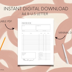 Peut inclure: Un mod&egrave;le de facture imprimable au design minimaliste. Le mod&egrave;le est un document PDF remplissable et est disponible en format A4 et US Letter. Le mod&egrave;le de facture comprend des champs pour les informations de facturation, le num&eacute;ro de facture, la date, la date d'&eacute;ch&eacute;ance, le num&eacute;ro d'article, la description de l'article, le co&ucirc;t, la quantit&eacute;, la remise et le total.