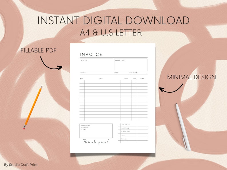 Peut inclure: Un mod&egrave;le de facture imprimable au design minimaliste. Le mod&egrave;le est un document PDF remplissable et est disponible en format A4 et US Letter. Le mod&egrave;le de facture comprend des champs pour les informations de facturation, le num&eacute;ro de facture, la date, la date d'&eacute;ch&eacute;ance, le num&eacute;ro d'article, la description de l'article, le co&ucirc;t, la quantit&eacute;, la remise et le total.