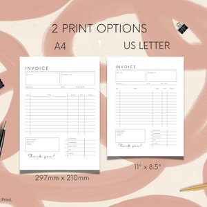 Peut inclure: Deux mod&egrave;les d'invoice imprimables en format A4 et US Letter. Les mod&egrave;les pr&eacute;sentent un design simple et &eacute;pur&eacute; avec un en-t&ecirc;te pour les informations de facturation, un tableau pour les d&eacute;tails des articles et un espace pour les totaux. Le texte "Merci !" est inclus au bas de chaque mod&egrave;le.