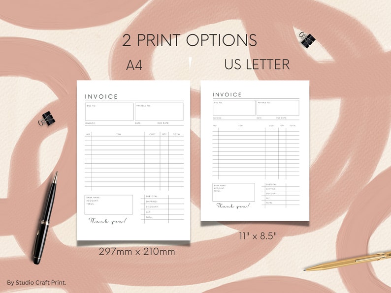 Peut inclure: Deux mod&egrave;les d'invoice imprimables en format A4 et US Letter. Les mod&egrave;les pr&eacute;sentent un design simple et &eacute;pur&eacute; avec un en-t&ecirc;te pour les informations de facturation, un tableau pour les d&eacute;tails des articles et un espace pour les totaux. Le texte "Merci !" est inclus au bas de chaque mod&egrave;le.