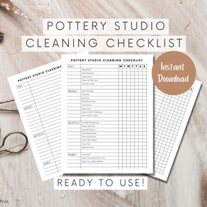 May include: Printable pottery studio cleaning checklist with daily, weekly, monthly, and yearly tasks. The checklist includes a grid for tracking tasks by day of the week. The text "Instant Download" is in a brown circle.