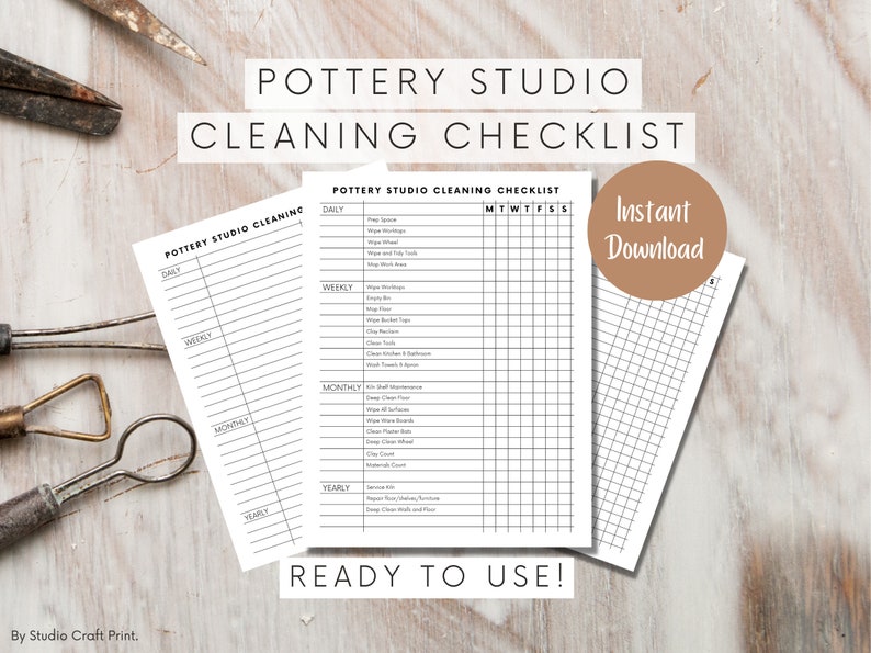 Cleaning Checklist, Pottery Organizer, Pottery Journal Planner, Tools