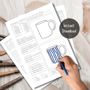 May include: A printable ceramic notes template for a line mug. The template includes a mug outline, space for design details, glaze application notes, and a bisque and glaze chart. The text "Instant Download" is visible in the upper right corner.