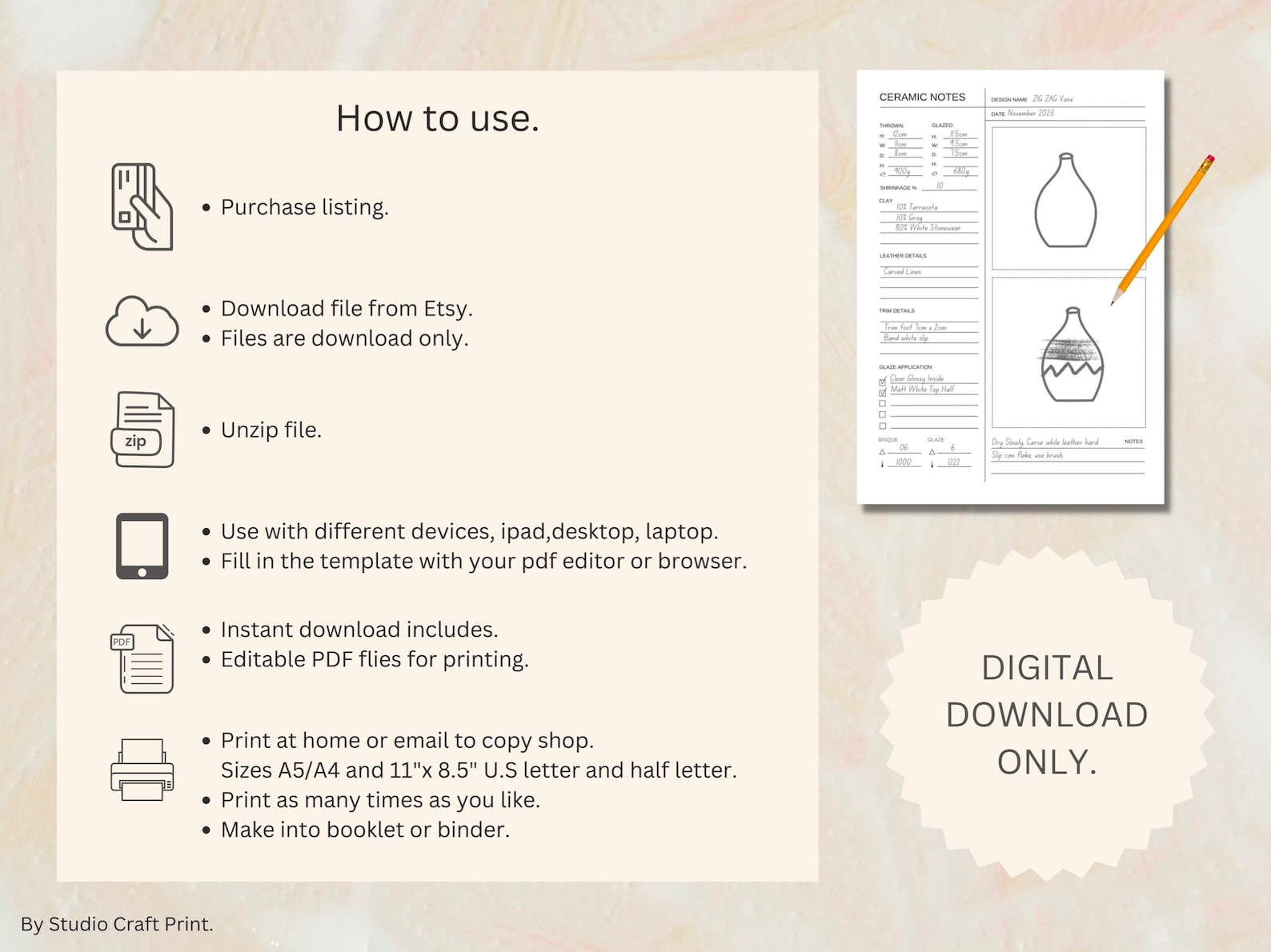 Printable Kiln Log, Pottery Sketchbook, Digital Pottery Planner, Craft