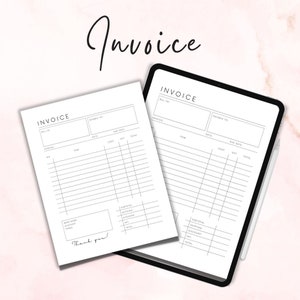 Peut inclure: Deux modèles de factures vierges avec le mot "Facture" en haut. Les modèles sont conçus pour être utilisés avec un stylo ou un stylet et comportent des champs pour le destinataire, le payeur, le numéro de facture, la date, l'échéance, l'article, le coût, la quantité et le total.