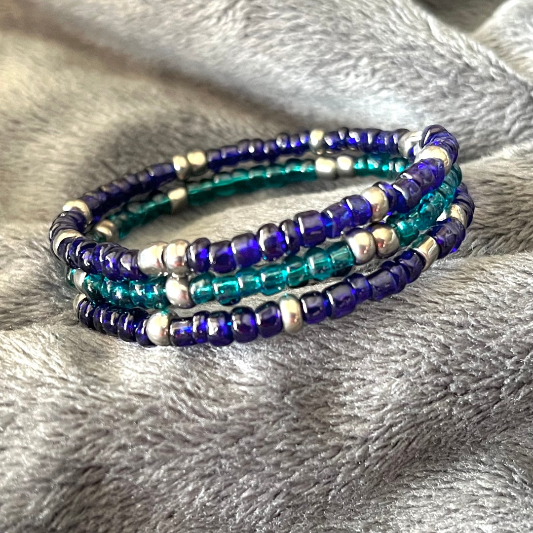 Dark Blue and Teal Seed Bead Memory Wire Bracelet - Etsy